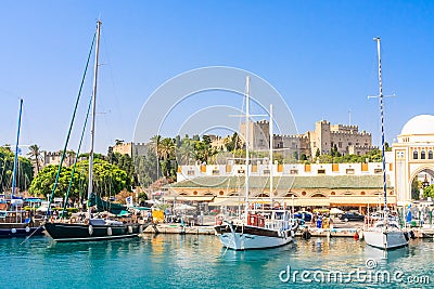 Mandraki Port and New Market . Rhodes Island. Greece Editorial Stock Photo